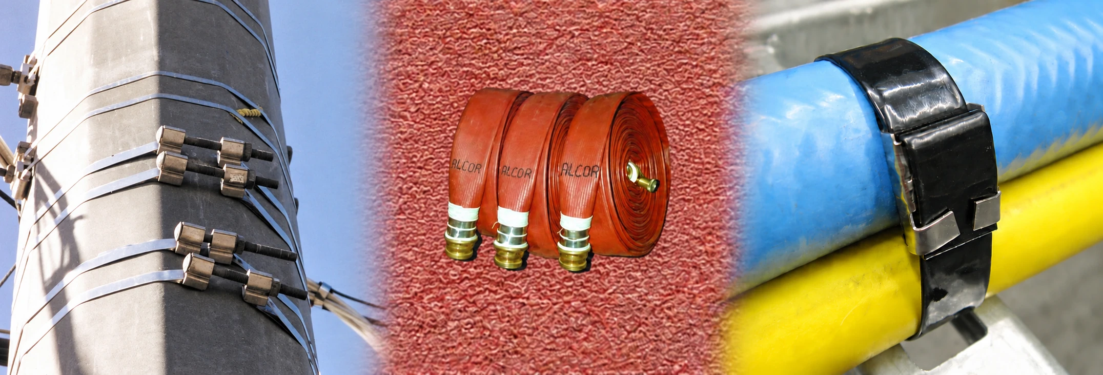 Photo montage of Band-It pole clamps, coiled hoses with brass couplings and coated cable restraints